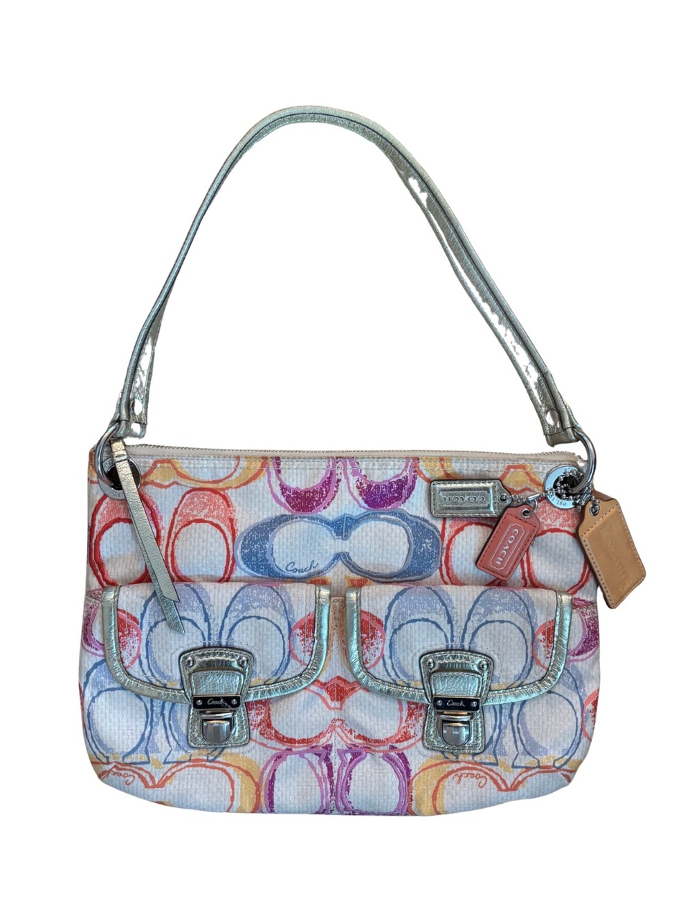 Coach Multicolor Hamptons Scribble Canvas Shoulder Bag with Metallic Trim